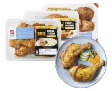 Aldi Suisse  BBQ POULET-FLÜGEL/-SCHENKEL/-SCHLEGEL GEWÜRZT