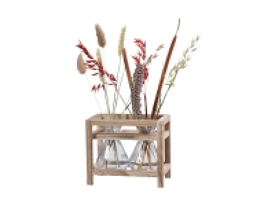 Holzständer mit Trockenblumen im Glas